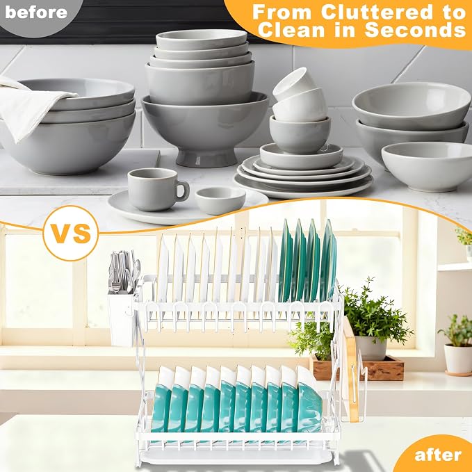 2-Tier Dish Racks for Kitchen Counter, Large Dish Drainers for Kitchens Counter - Image 7