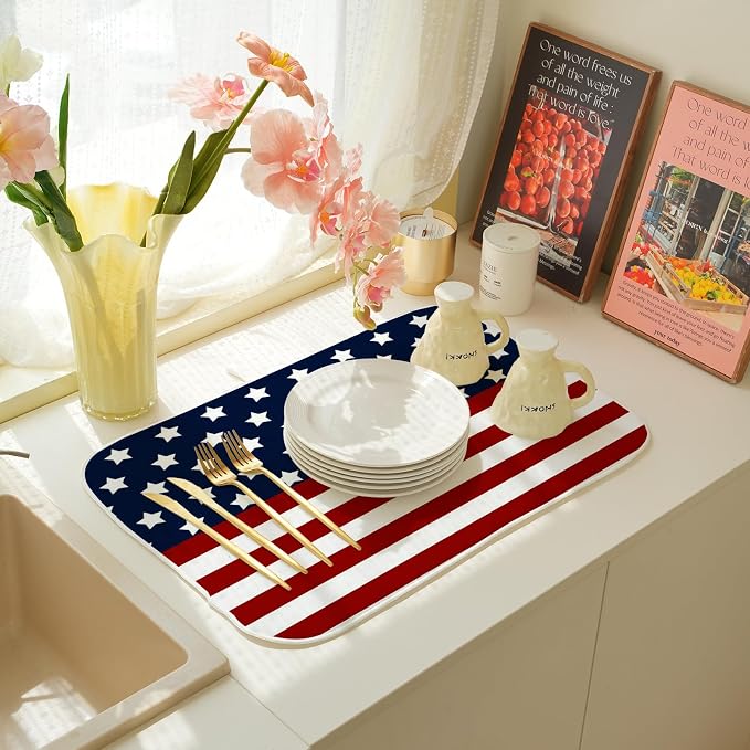 4th of July Dish Drying Mat 18x24 Inch Navy Blue Red Flag Stars Patriotic - Image 7
