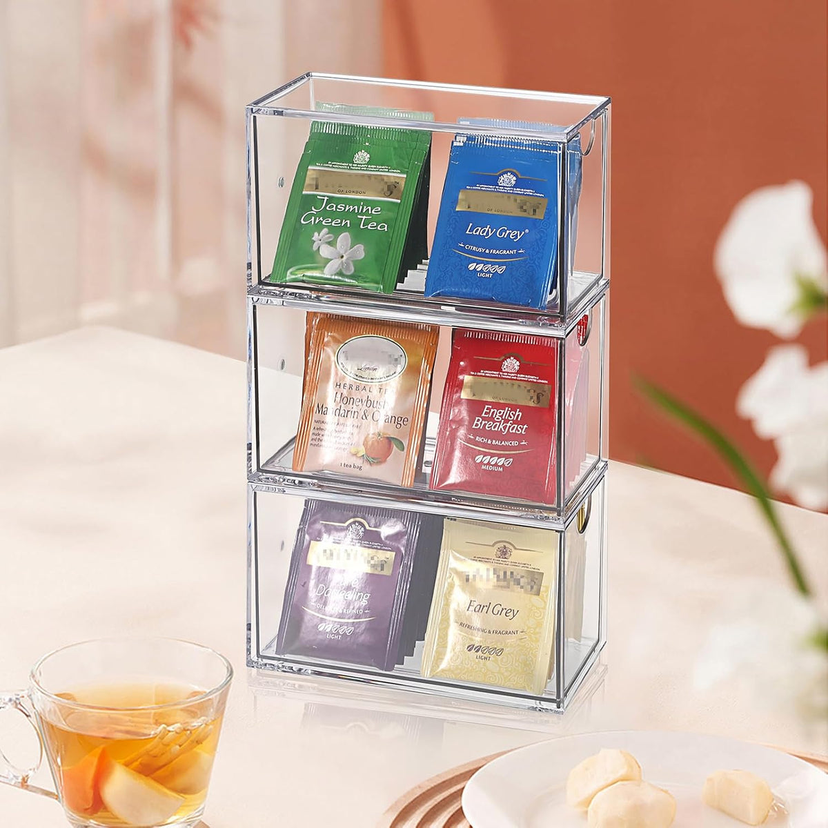 ELLDOO 3 Drawers Tea Bag Organizer, Clear Acrylic Stackable Tea Bag