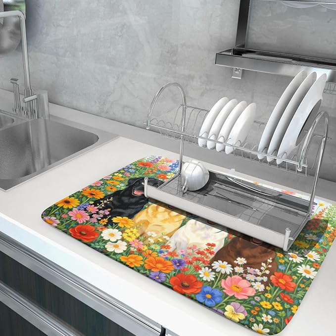 Spring Absorbent Drying Mat Colorful Flowers Dog Dish Drying Mat - Image 5