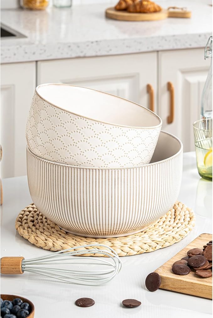 Mikiegy Ceramic Mixing Bowls Set of 2, Nesting Ceramic Embossment Stoneware - Image 6