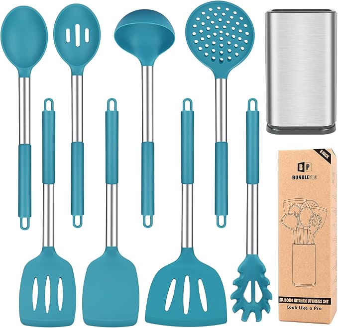 Silicone Cooking Utensil Set, BPA Free Heat Resistant Kitchen Tools by BUNDLEPRO