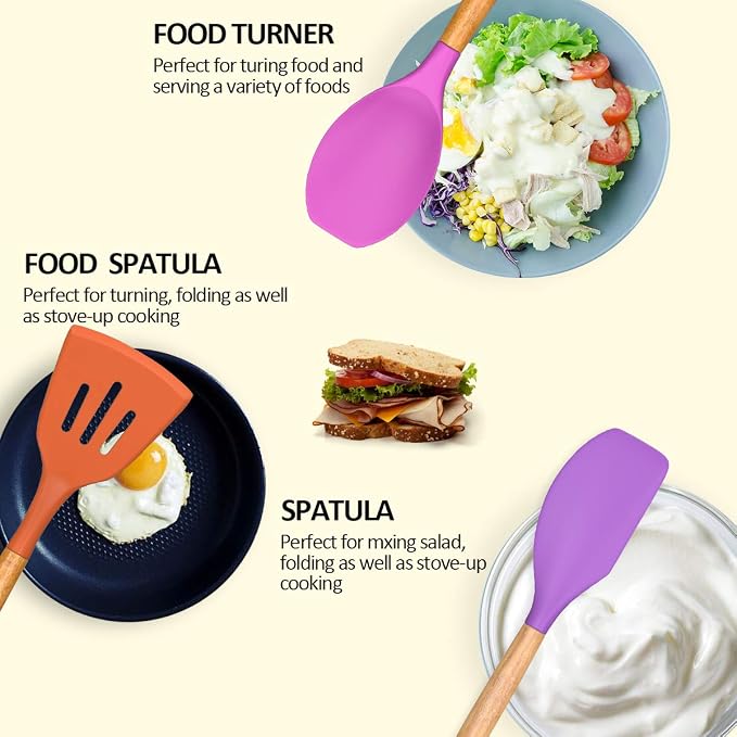 Umite Chef Kitchen Cooking Utensils Set, Wooden Handle Silicone Kitchen Gadgets - Image 4