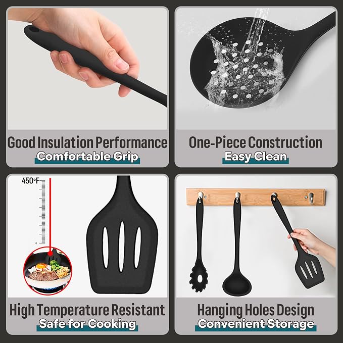 Silicone Kitchen Utensils Set, E-far 23 Pcs Black Cooking Utensils Tools - Image 2