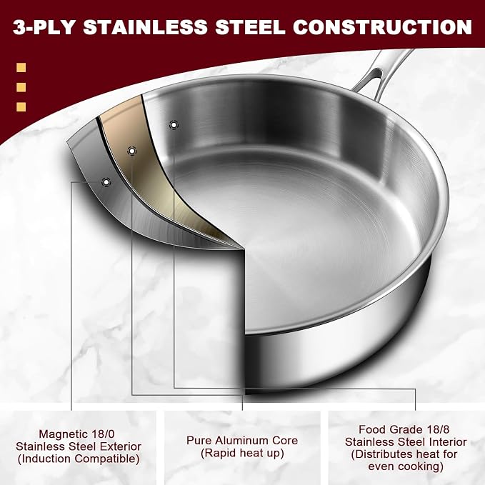 EWFEN 12 Inch Tri-Ply Stainless Steel Frying Pan, Compatible - Image 4