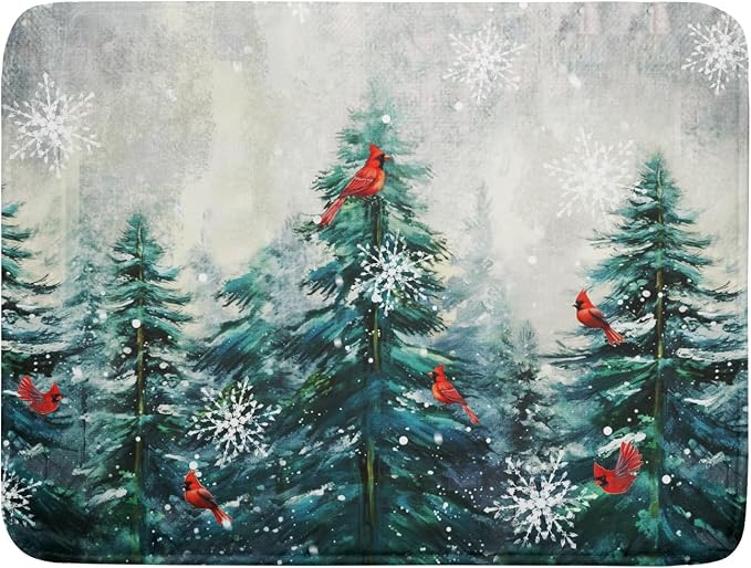 Pine Tree Dish Drying Mat for Kitchen Countertop Red Bird Dishes Mats Winter by Giwawa