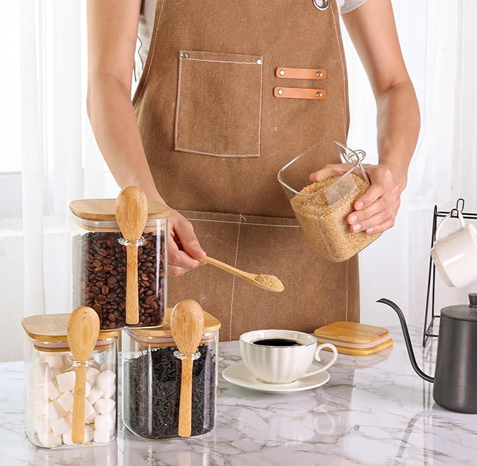 ComSaf 0.8 Qt Glass Jars with Bamboo Lids & Spoons Set of 4, Square Glass - Image 4