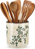 Kitchen Ceramic Utensil Holder Rustic 5.5" Green Floral Utensil Crock by Unknown