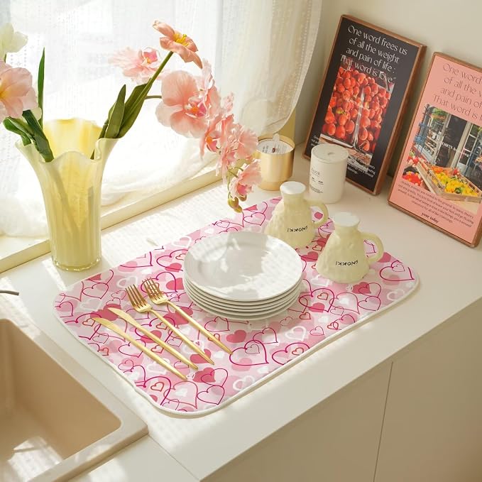 Valentines Day Dish Drying Mat 18 x 24 inch Pink Love Hearts Decorative Drying - Image 7