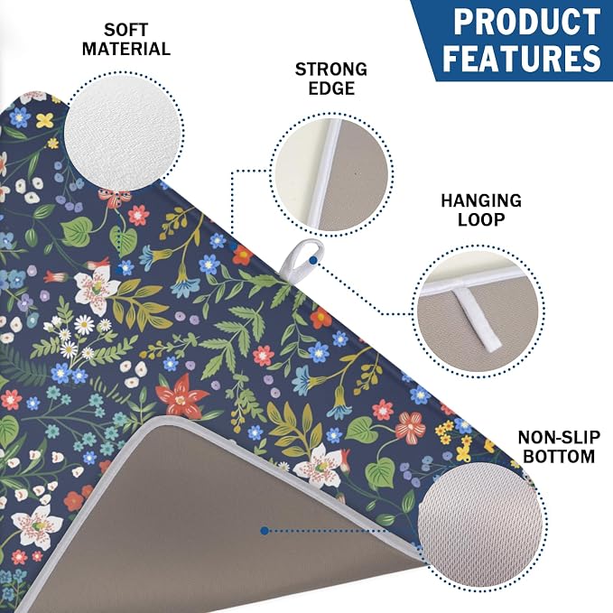 Flower Floral Dish Drying Mat 18x24 inch Microfiber Navy Blue Drying Mats - Image 3