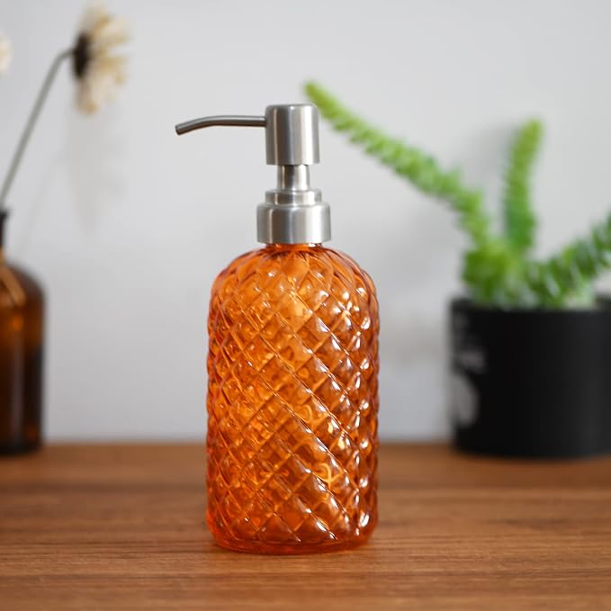 16 oz Diamond Pattern Glass Soap Dispenser, Kitchen and Bathroom Refillable - Image 7