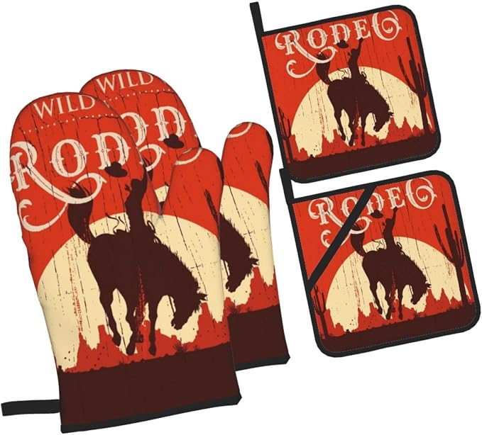 Oven Mitts and Pot Holders Sets of 4, Cowboy Horse Sunset Saguaro Desert Wild - Image 2