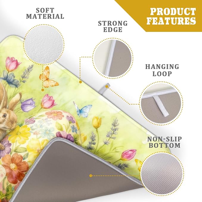 Easter Egg Dish Drying Mat 18x24 Inch Bunny Floral Green Drying Pad - Image 4