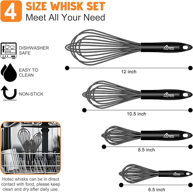 HOTEC 4 Pieces Silicone Whisks Set, Wire Balloon Whisks Egg Beater, Non-slip - Image 3
