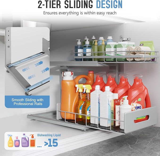 Under Sink Organizer Upgrade To Professional Rails, 2-Tier Dual Pull Out - Image 5