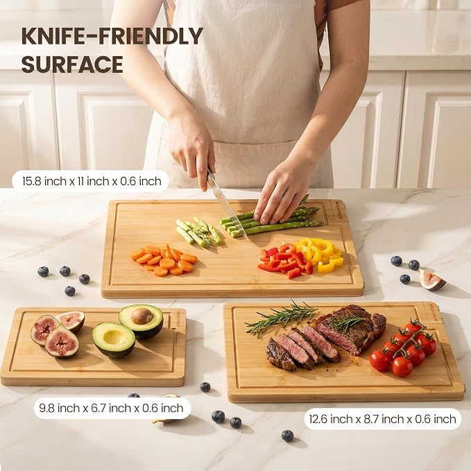 Kikcoin Bamboo Cutting Boards for Kitchen Set of 3, Extra Large Wood Cutting - Image 3