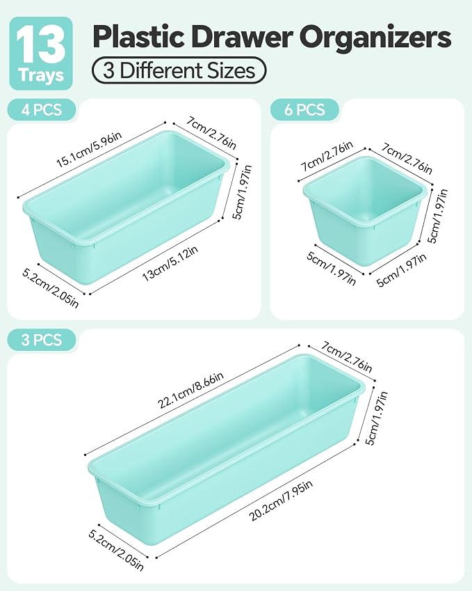 Canfanni 13 Pack Plastic Drawer Organizers Set, 3 Sizes Desk Drawer Organizer - Image 2