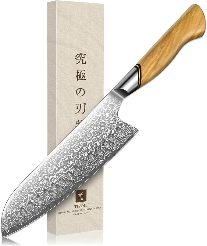 TIVOLI Damascus Santoku Knife 7 inch – Japanese VG-10 Professional Kitchen Knife by TIVOLI