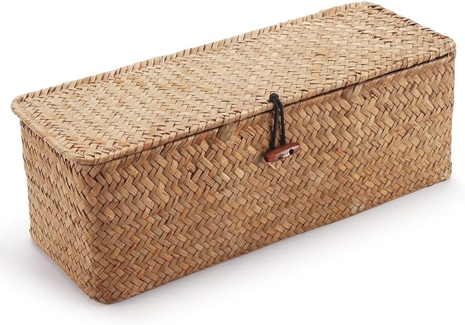 Seagrass Tank Basket with Lid Woven Toilet Roll Storage Basket with Sections - Image 3