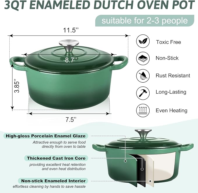 TeamFar Enameled Cast Iron Dutch Oven - 3QT Small Dutch Oven Pot - Heavy Duty - Image 2