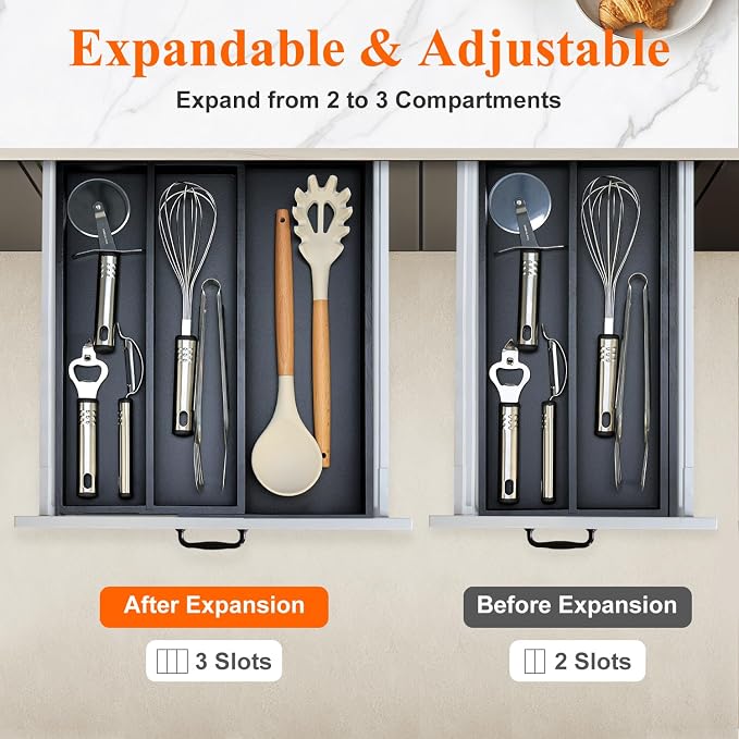 Bamboo Kitchen Tool Drawer Organizer Storage Black Cutlery Tray Expandable - Image 4