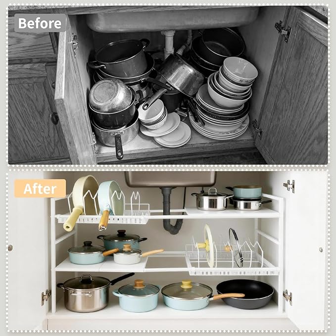 Pots and Pans Organizer Under Cabinet, Expandable Length, Adjustable Height - Image 3