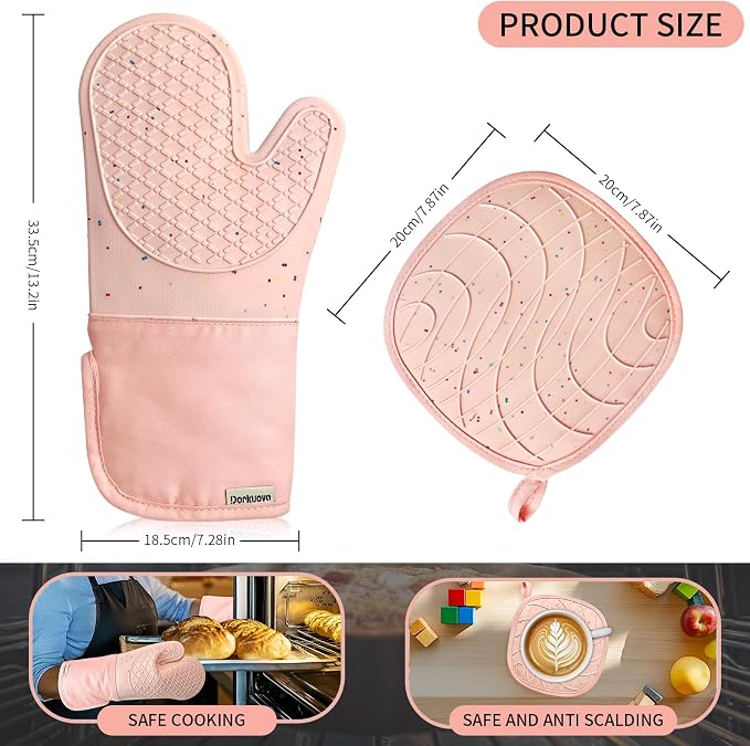 Pink Oven Mits, Heat Resistant, Non-Slip Grip Pattern, Baking Gloves - Image 2