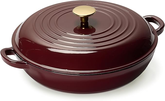 CAROTE 3.4QT Enameled Cast Iron Braiser Pan, Shallow Dutch Oven Casserole by CAROTE