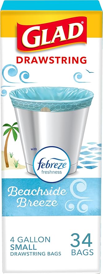 Glad Odorshield Small Drawstring Trash Bags, 4 Gal, Febreze Beachside Breeze by GladTrashFoodStorage