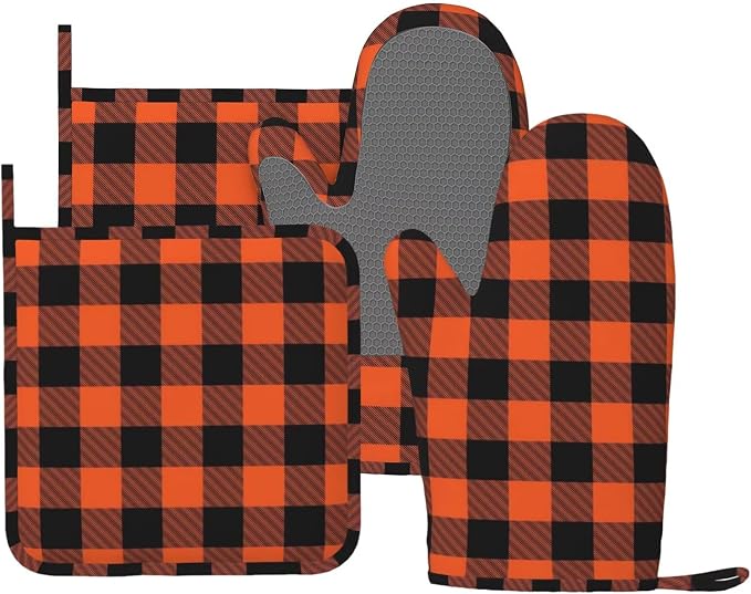 Buffalo Plaid Black and Orange Oven Mitts and Pot Holders Set by Unknown