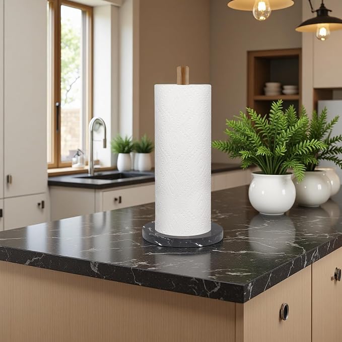 Buruis Wood Paper Towel Holder, Marble Base Modern Decorative Countertop - Image 5