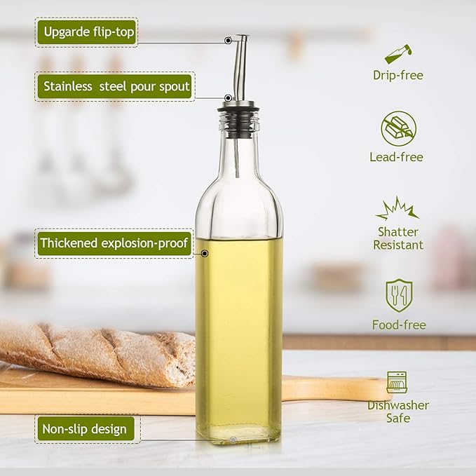 AOZITA 17 oz Glass Olive Oil Dispenser Bottle Set - 500ml Clear Oil & Vinegar - Image 2