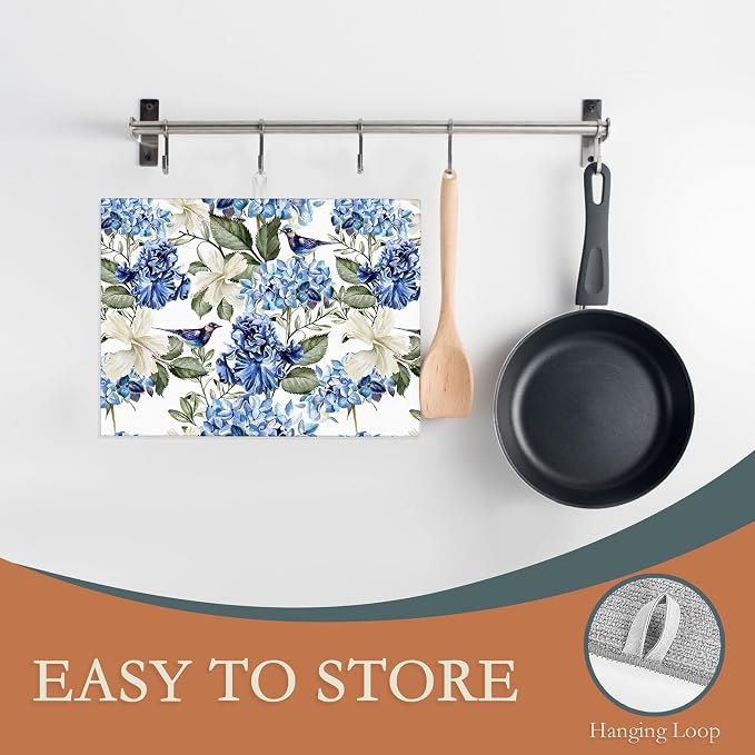 Blue Hydrangea Flowers Dish Drying Mat, Bird Drying Rack Pad Countertop Dishes - Image 3