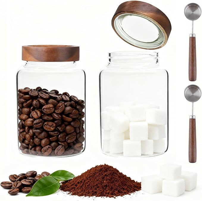 60 oz Glass Coffee Jars with Wooden Airtight Lid Spoon Clear Herb Ground - Image 2