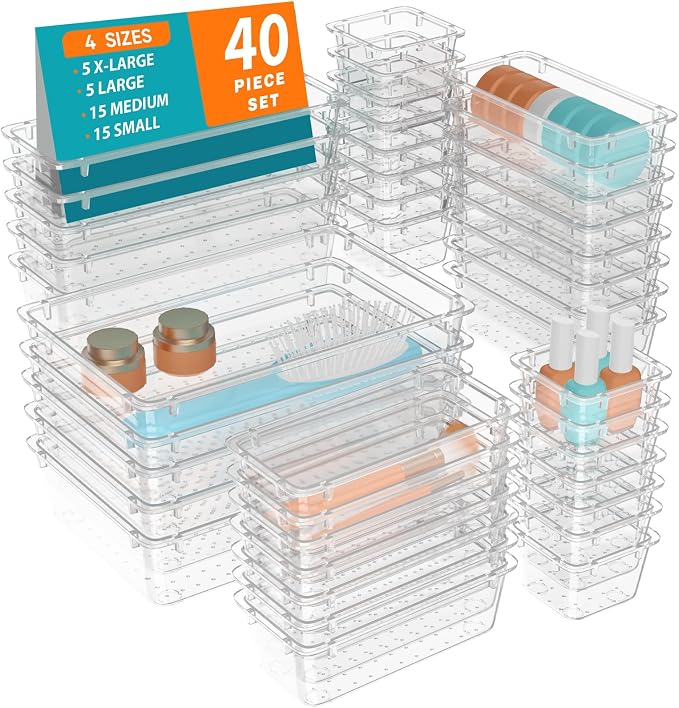WOWBOX 40 PCS Clear Plastic Drawer Organizer Set, 4 Sizes Desk Drawer by WOWBOX