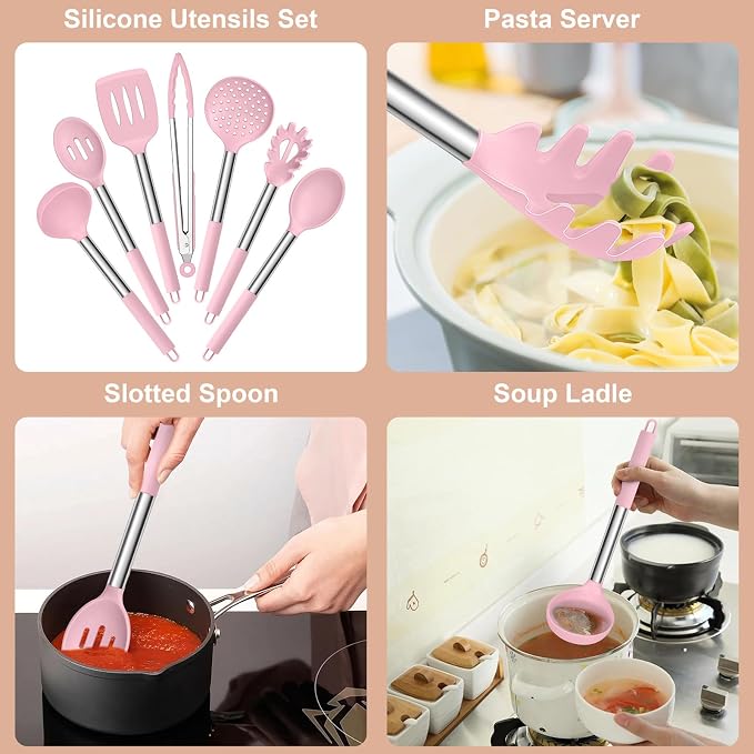 E-far Silicone Cooking Utensils Set, Slotted Turner, Soup Ladle, Pasta Server - Image 4