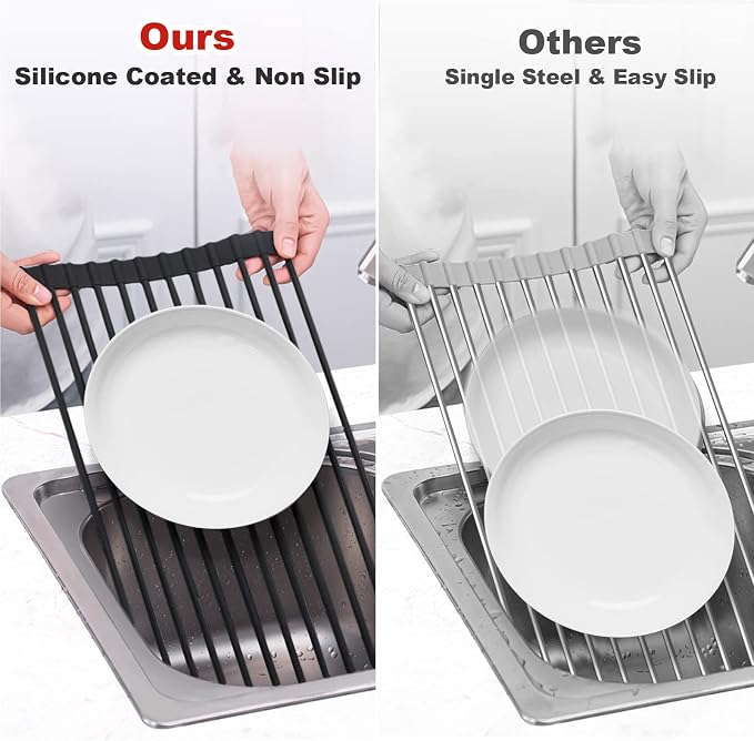MERRYBOX Roll Up Over The Sink Dish Drying Rack Silicone Wrapped Foldable - Image 7