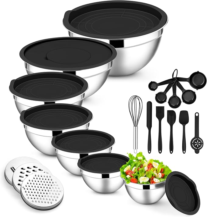 E-far Mixing Bowls with Lids Set, Size 7, Nesting Design & Black Airtight Lid by E-far
