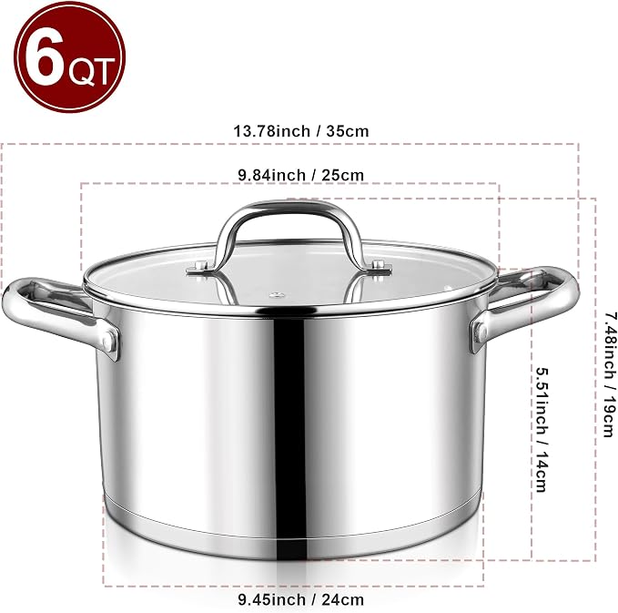 LIANYU 6 QT Stainless Steel Stock Pot, Kitchen Tri-ply Base Cooking Soup Pot - Image 2