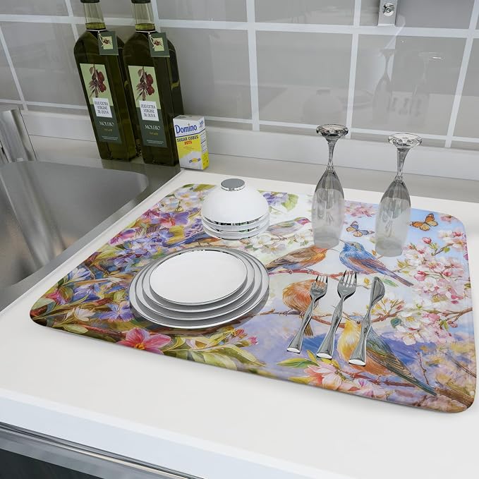 Floral Birds Dish Drying Mat Spring Decoration Absorbent Dish Drain Cloth Mat - Image 6