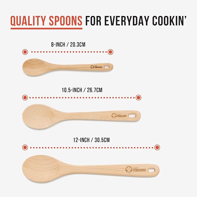 Chef Pomodoro Wooden Spoons for Cooking 3-Piece Set, Solid Beechwood Cooking - Image 2