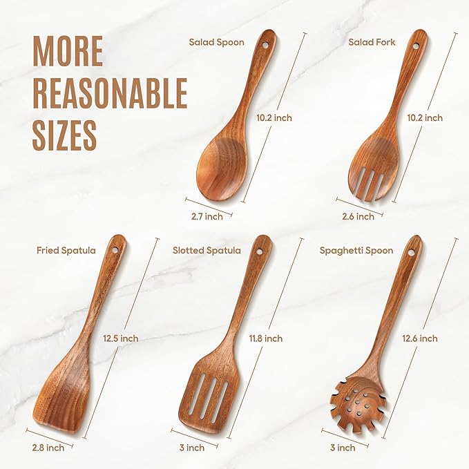 5 PCS Wooden Spoons for Cooking Natural Teak Kitchen Utensils Set Smooth - Image 5