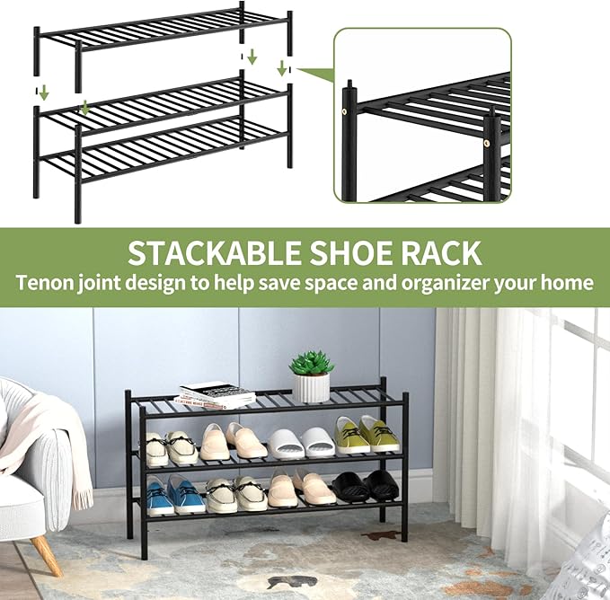 ROMGUAR CRAFT 3-Tier Bamboo Long Shoe Rack, Free Standing Wood Shoe Shelf - Image 6