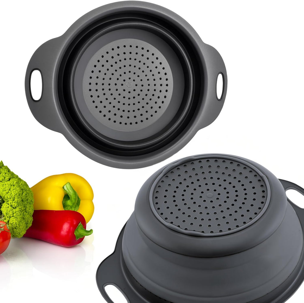 Small Food Strainer for Kitchen - Black Silicone Colander with Handle
