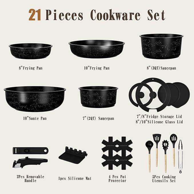 Umite Chef 21Pcs Pots and Pans Set Non Stick, Nonstick Cookware Sets Detachable - Image 2