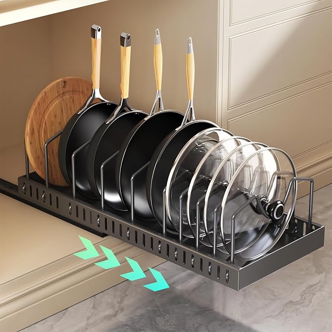 Pull Out Pots and Pans Organizer Under Cabinet, Expandable Sliding Lid Holder by Lozovincablemanagementtray