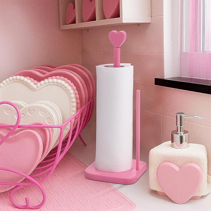 Leinuosen Valentines Day Pink Heart Paper Towel Holder Cute Heart Wooden Paper - Image 5