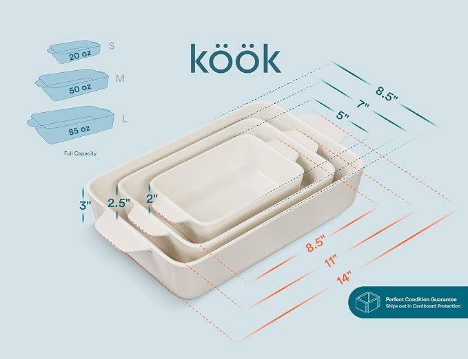 Kook Ceramic Bakeware Set, Rectangular Baking Dishes, - Image 7