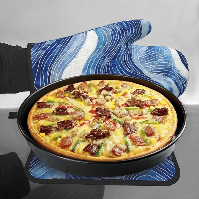 Blue and White Ocean Wave Oven Mitts and Pot Holders Sets of 3, Heat Resistant - Image 4
