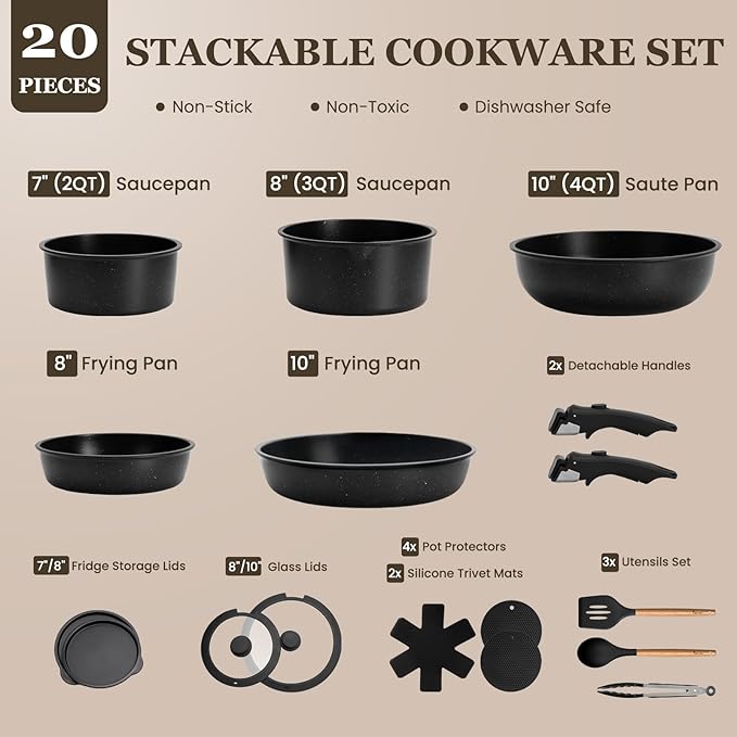 KIKCOIN 20 Pcs Pots and Pans Set Non Stick, Detachable Handle Cookware Sets - Image 2